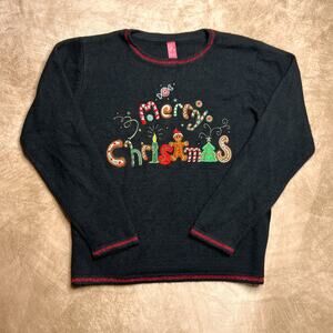 Merry Christmas Embroidered Holiday Sweater Metallic Candy Cookies Knit Cottage
